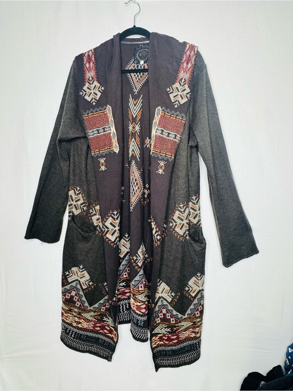 BIYA Johnny Was Women Hooded Long  Duster Cardigan Sz L Embroidered Southwestern